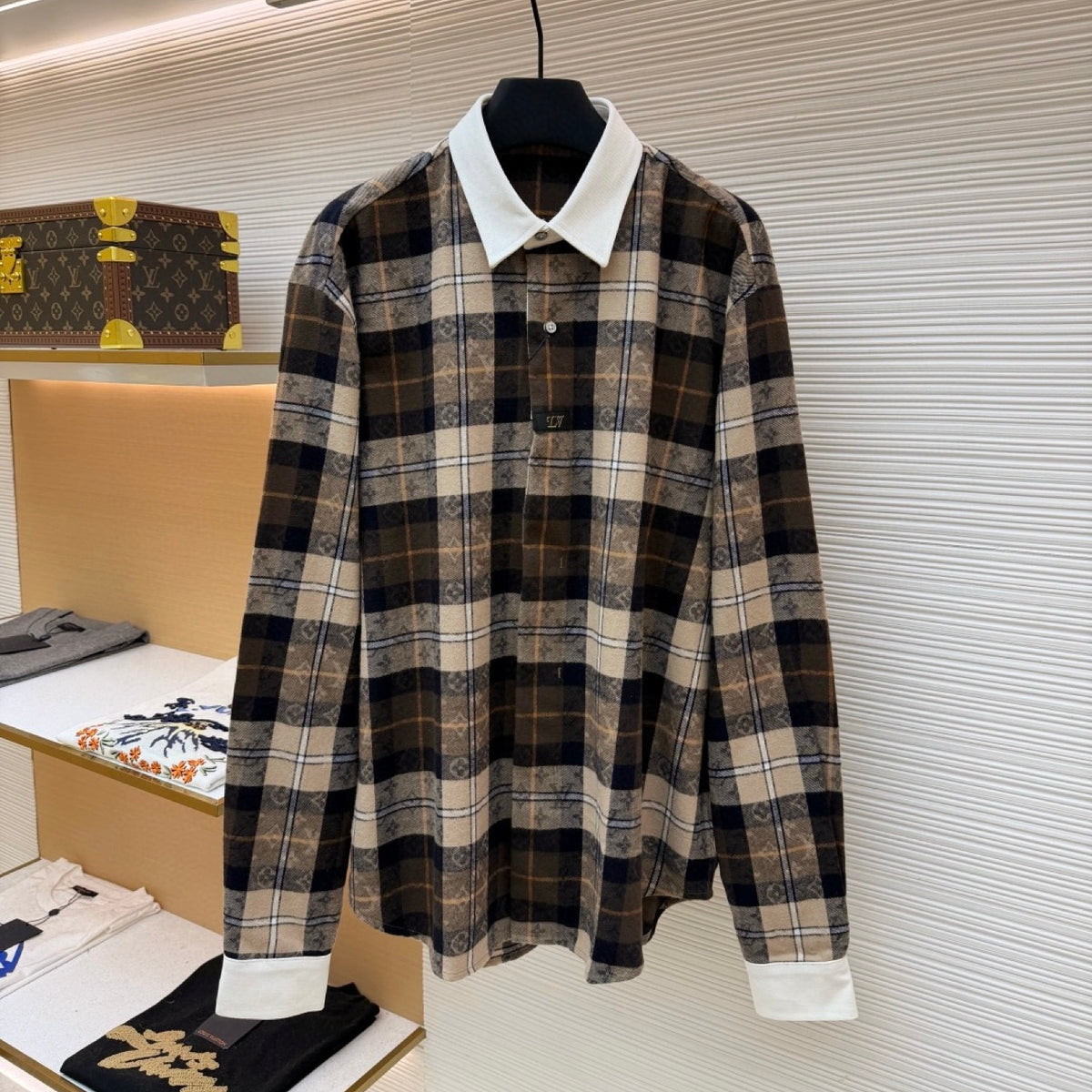 LV 1AIKAJ Monogram Flannel Long-Sleeved Polo Shirt