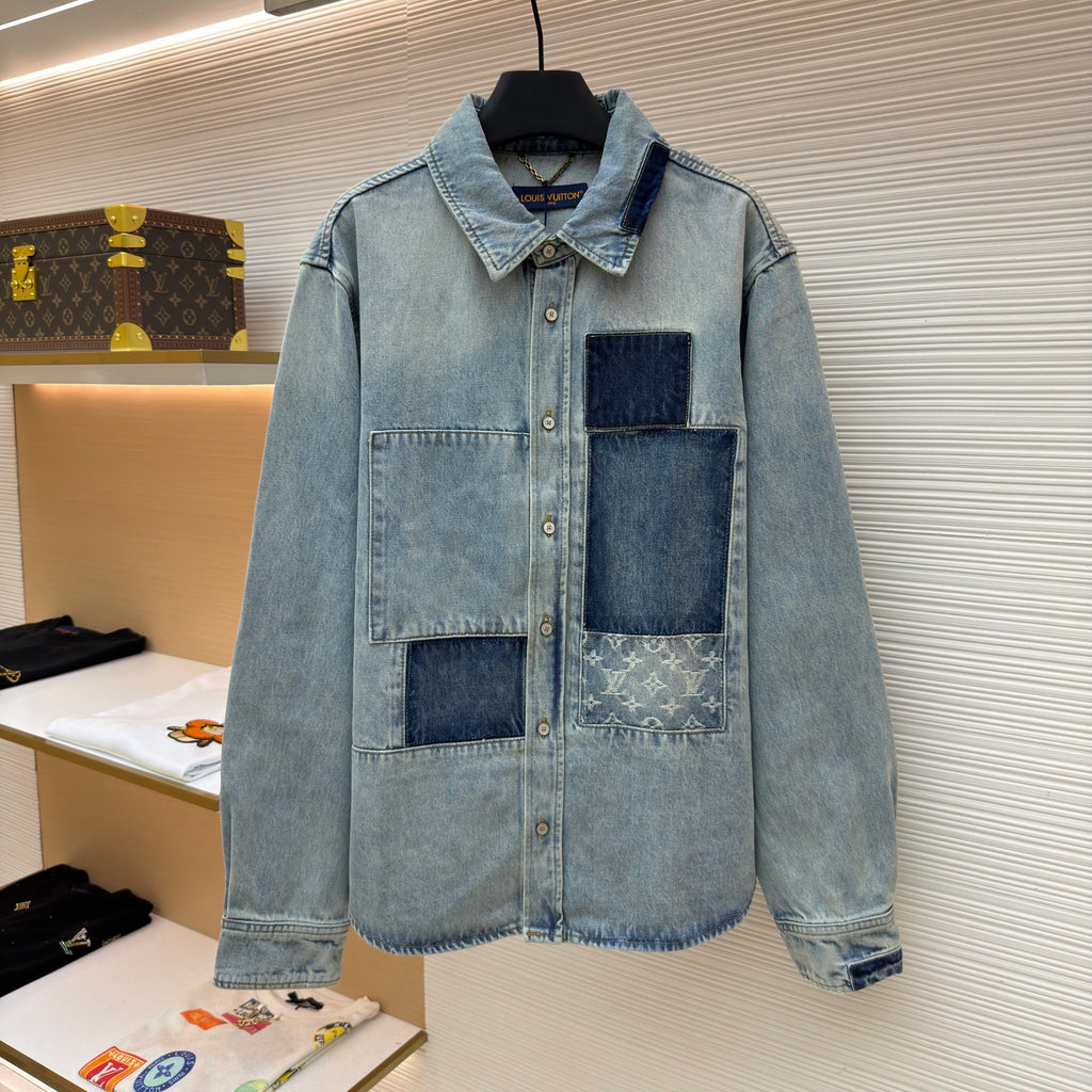 LV 1AK7A6 Signature Patchwork Denim Long-Sleeved Shirt