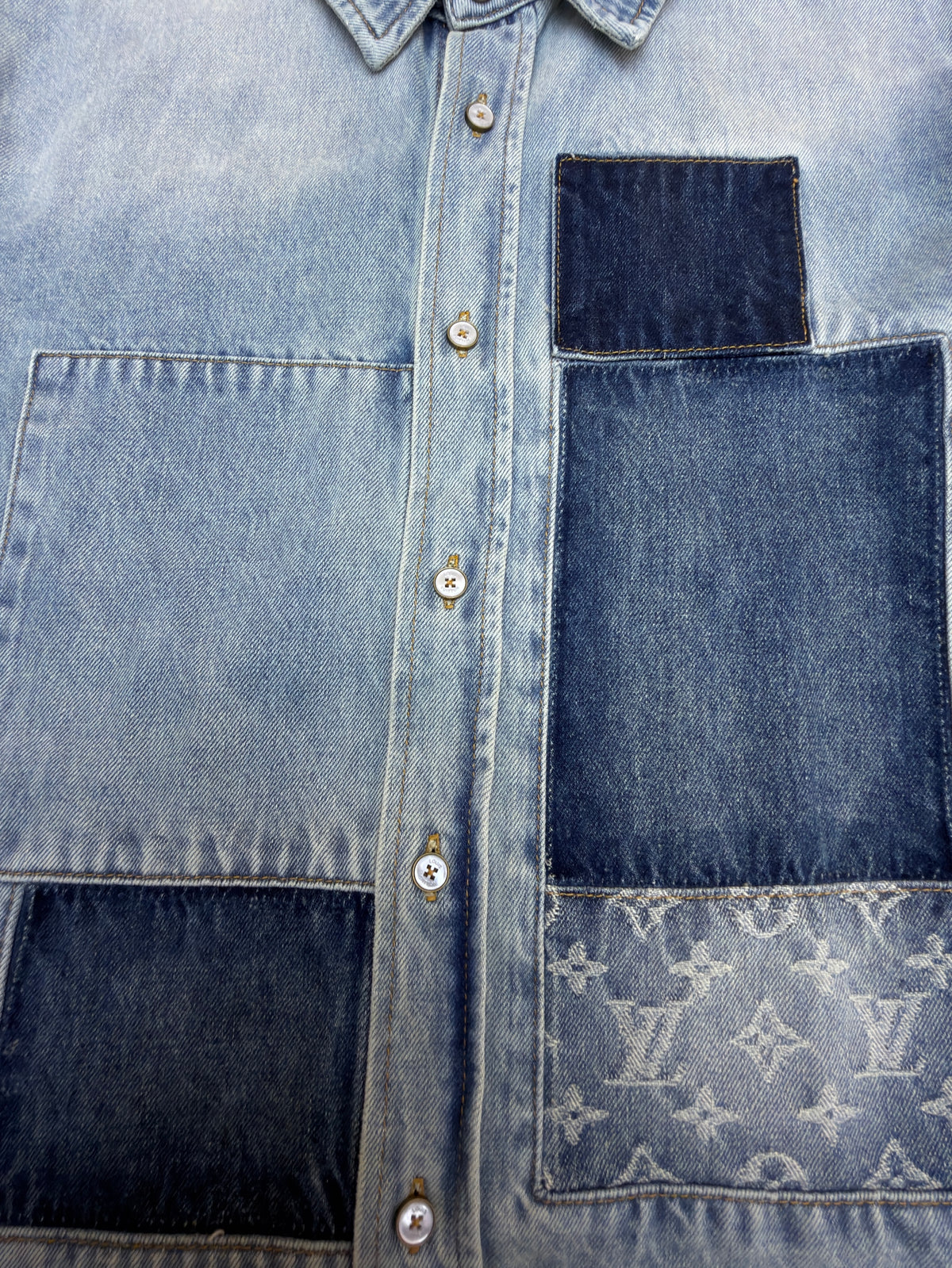 LV 1AK7A6 Signature Patchwork Denim Long-Sleeved Shirt