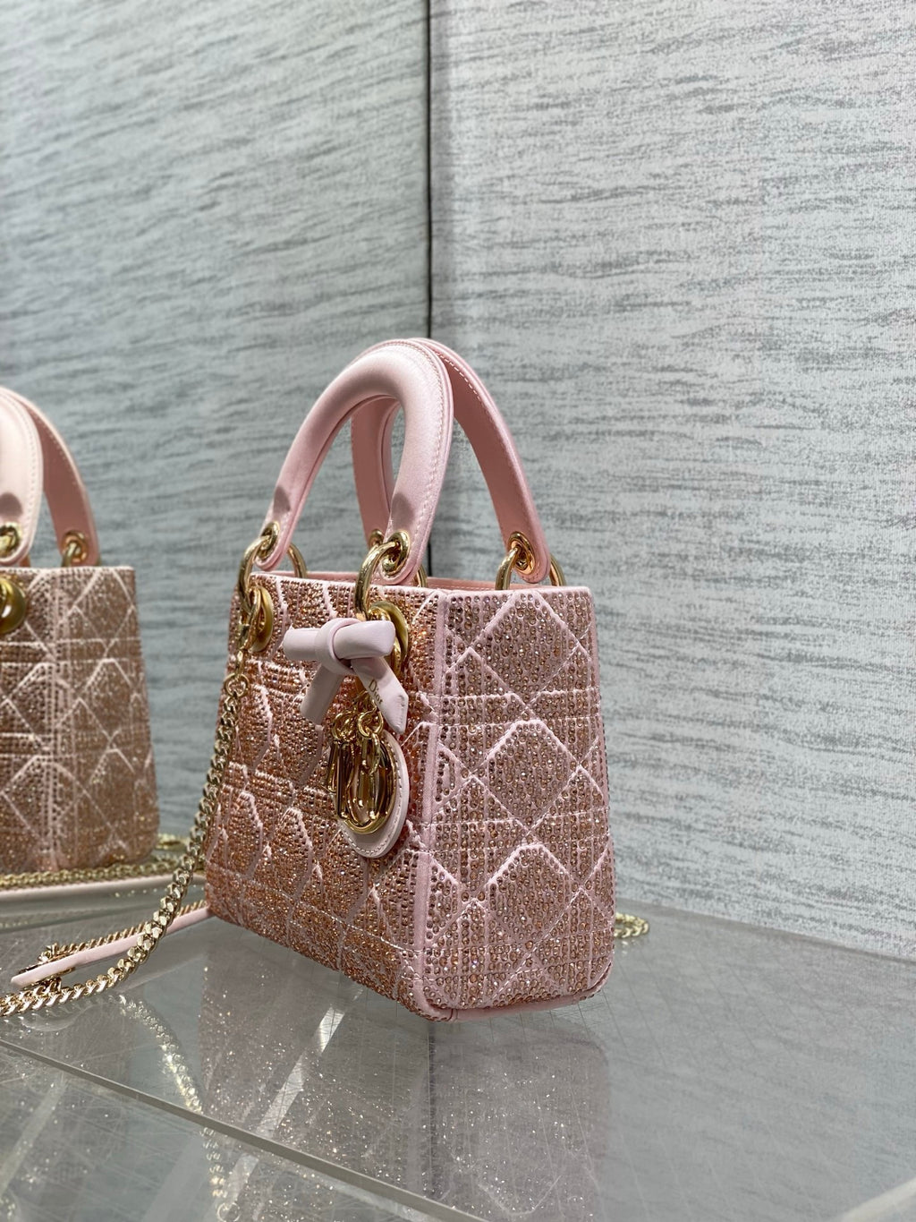 Dior Mini Lady Dior Bag with Chain in Pale Cannage Satin and Strass
