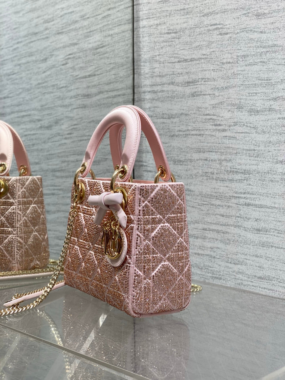Dior Mini Lady Dior Bag with Chain in Pale Cannage Satin and Strass