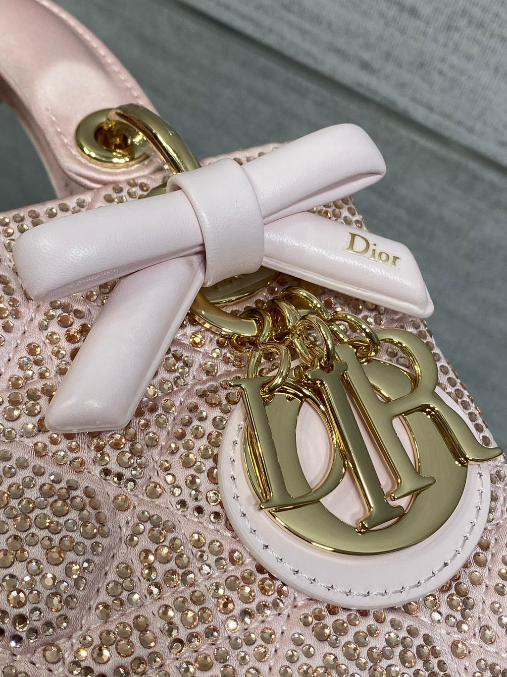 Dior Mini Lady Dior Bag with Chain in Pale Cannage Satin and Strass