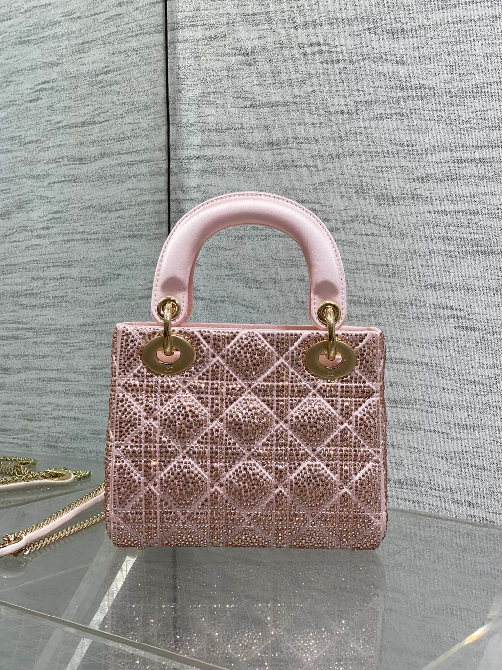 Dior Mini Lady Dior Bag with Chain in Pale Cannage Satin and Strass