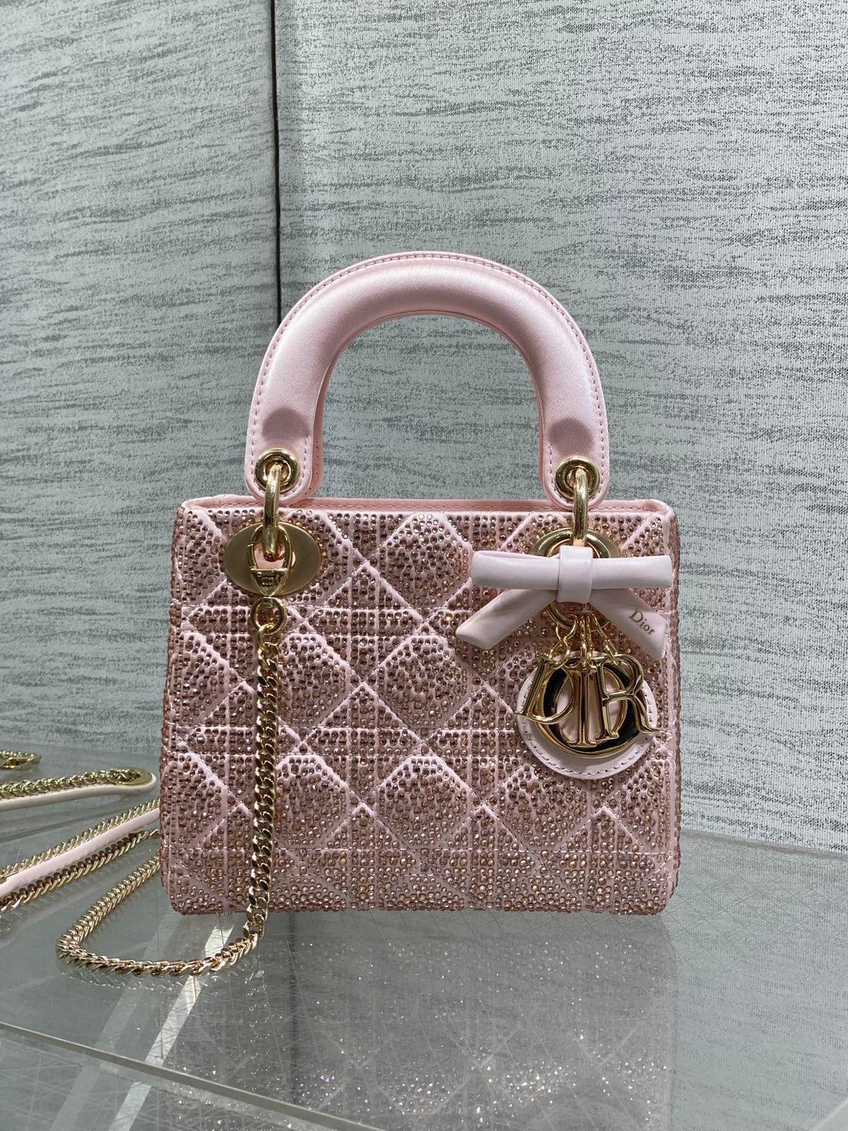 Dior Mini Lady Dior Bag with Chain in Pale Cannage Satin and Strass