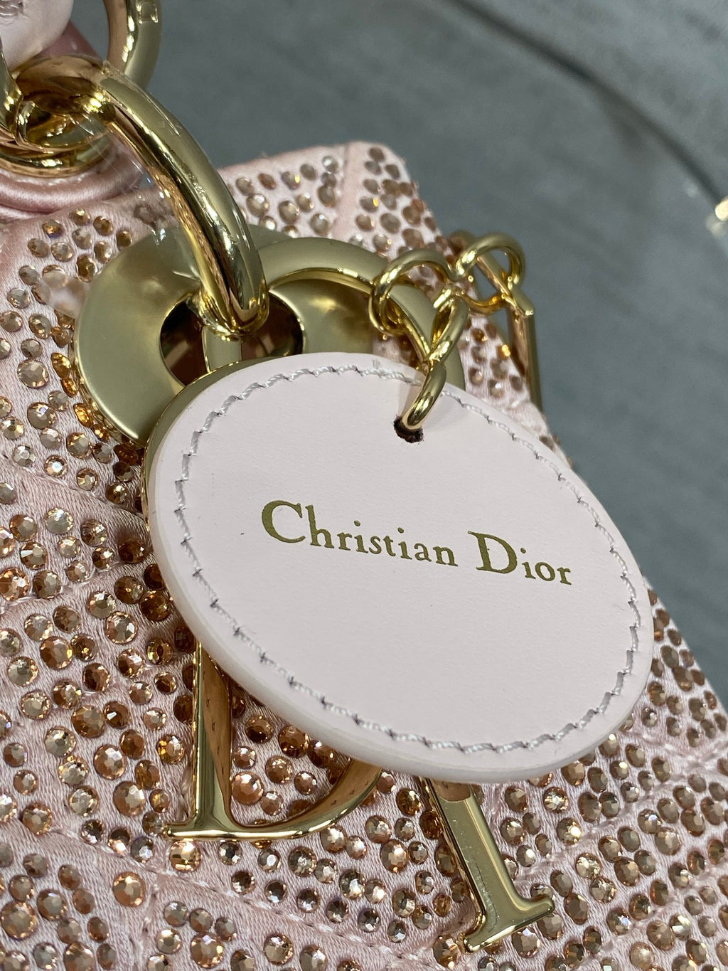 Dior Mini Lady Dior Bag with Chain in Pale Cannage Satin and Strass