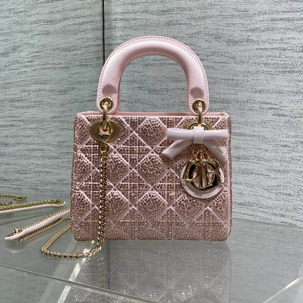 Dior Mini Lady Dior Bag with Chain in Pale Cannage Satin and Strass
