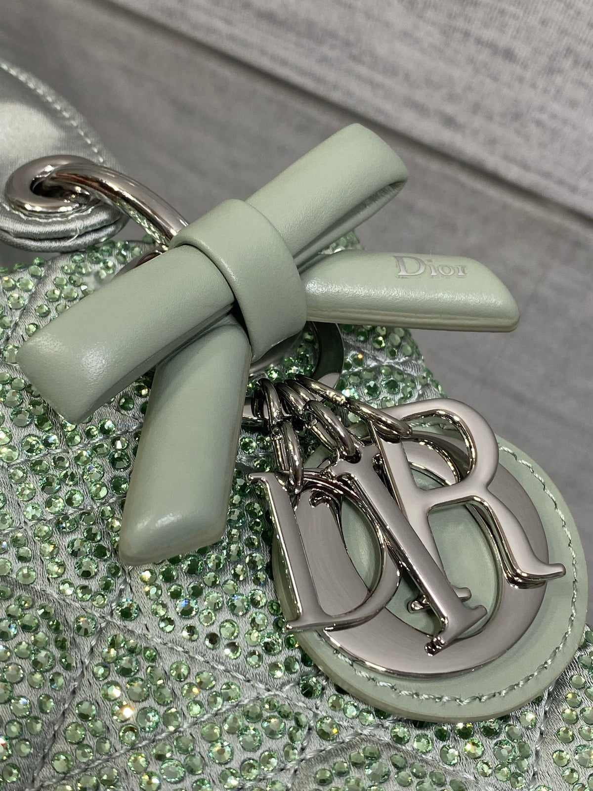 Dior Mini Lady Dior Bag with Chain in Pale Cannage Satin and Strass