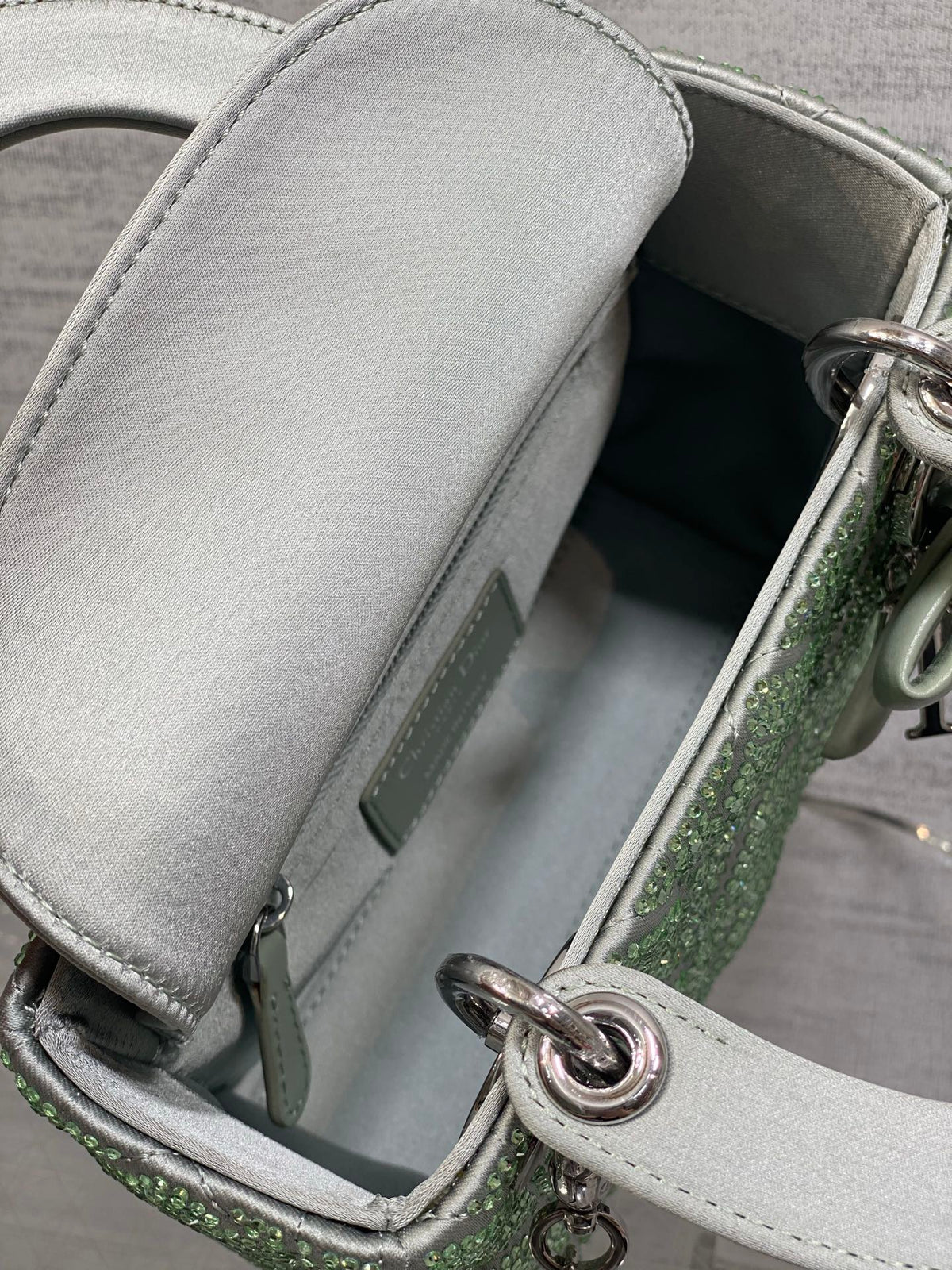 Dior Mini Lady Dior Bag with Chain in Pale Cannage Satin and Strass