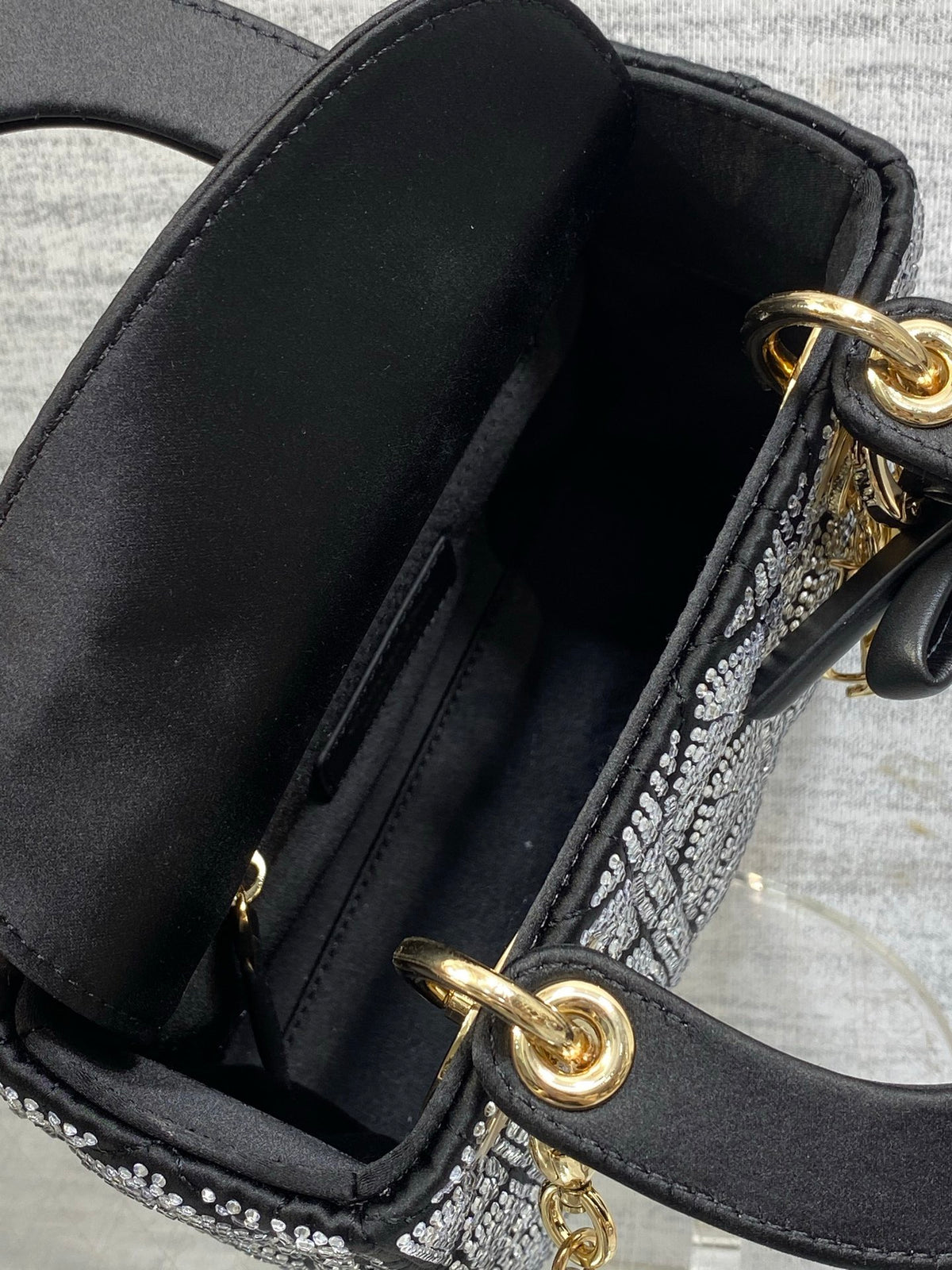 Dior Mini Lady Dior Bag with Chain in Pale Cannage Satin and Strass