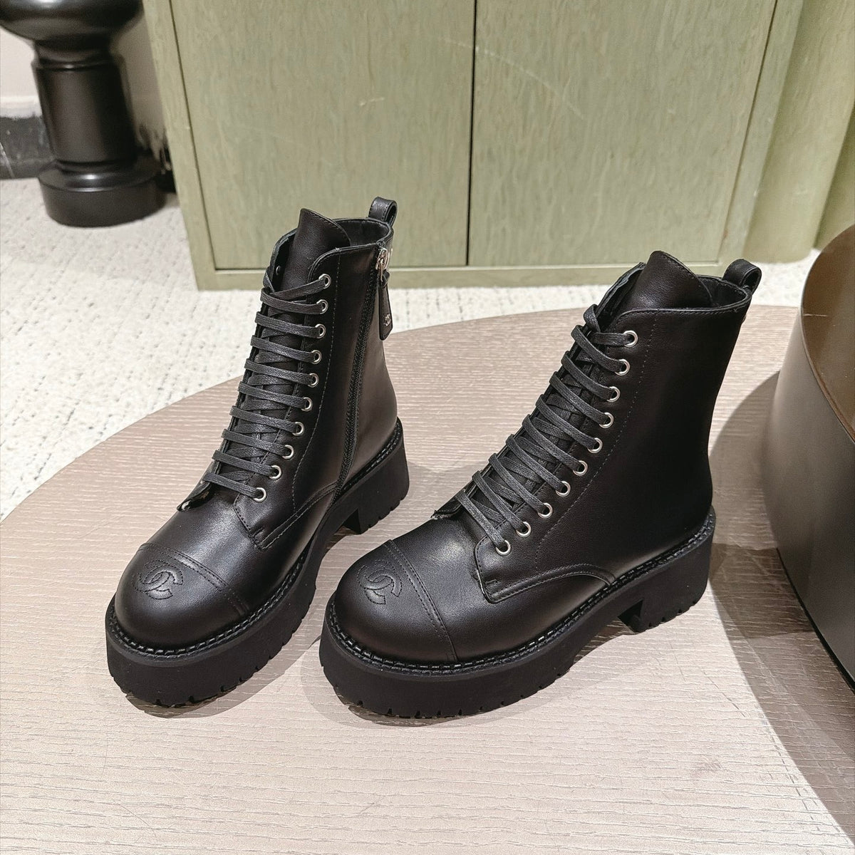 Chanel Interlocking CC Logo Combat Boots in Calfskin