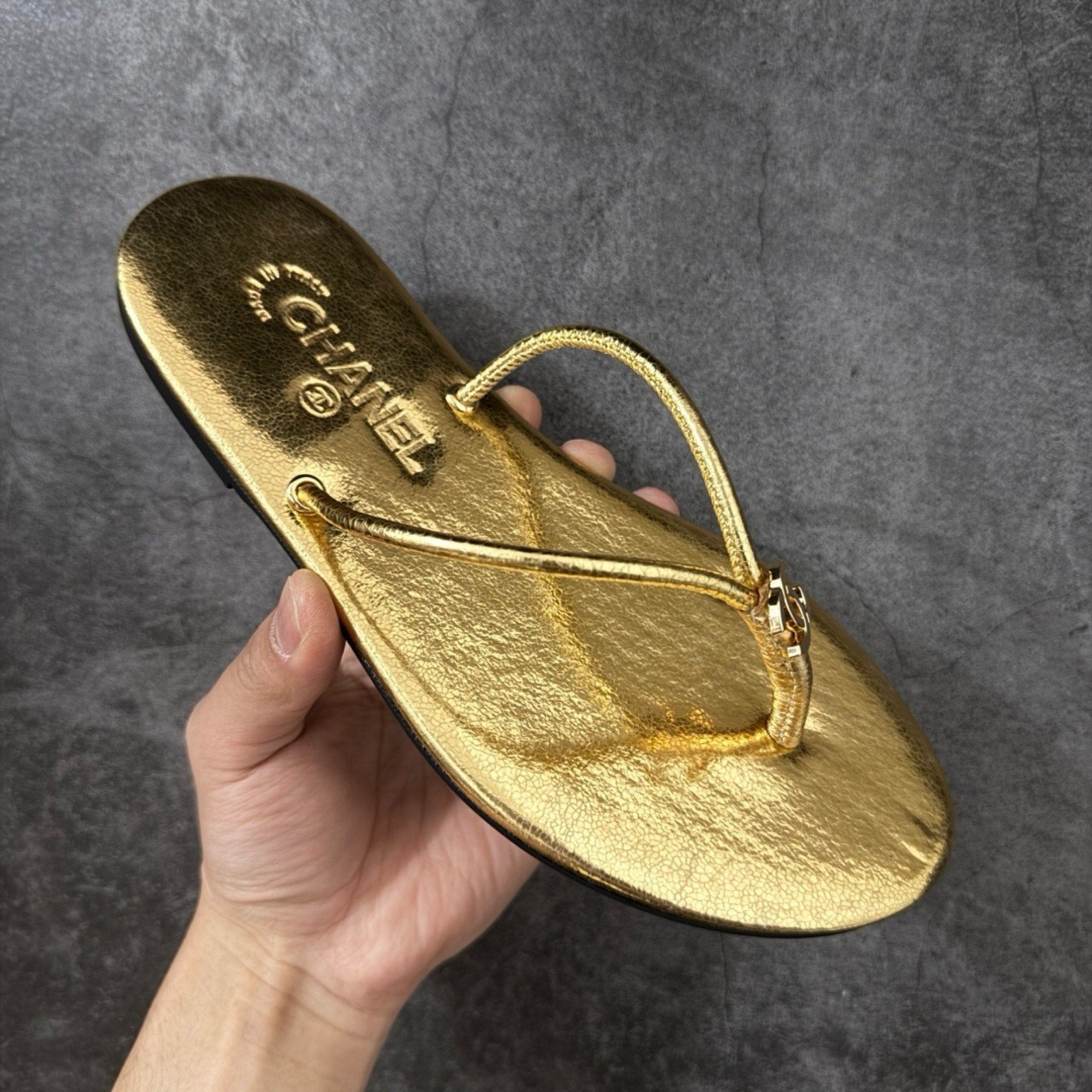 Chanel Thongs in Crackled Laminated Calfskin