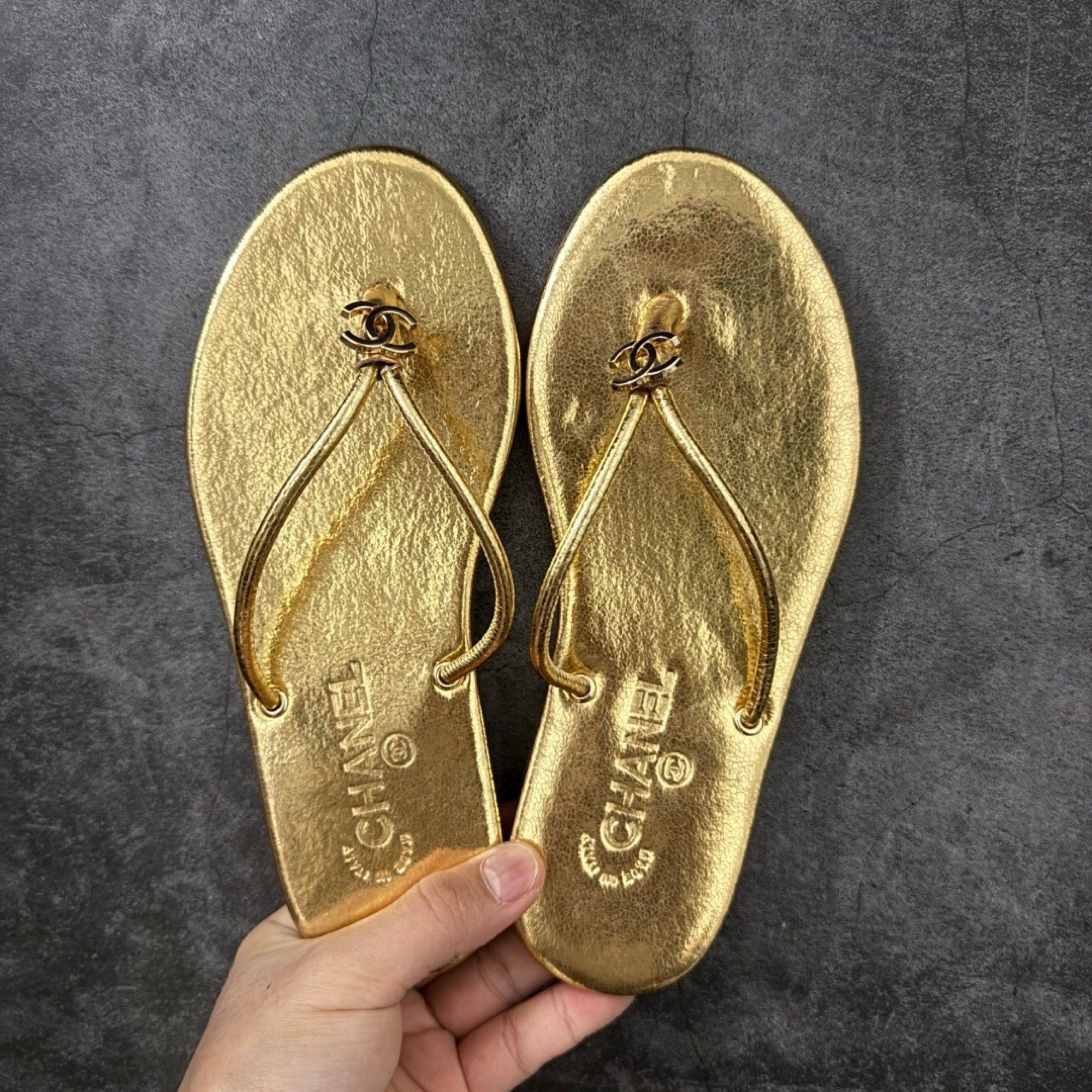 Chanel Thongs in Crackled Laminated Calfskin