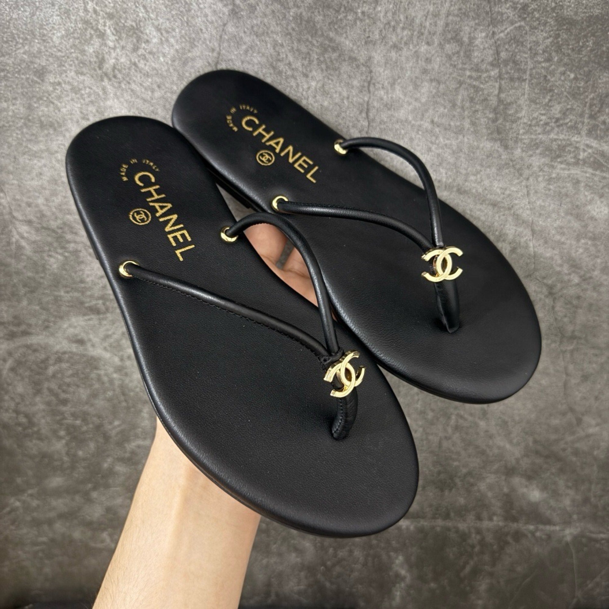Chanel Thongs in Crackled Laminated Calfskin