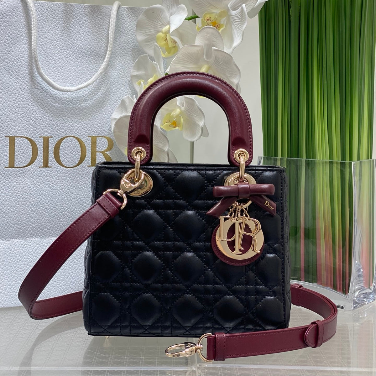 Dior Small Lady Dior Bag with Strap in Cannage Lambskin