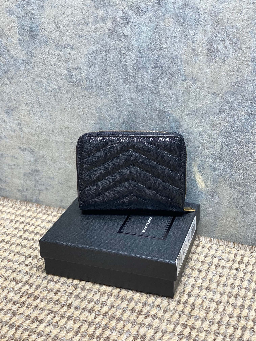 Saint Laurent Cassandre Matelassé Compact Zip Around Wallet In Grain De Poudre Leather