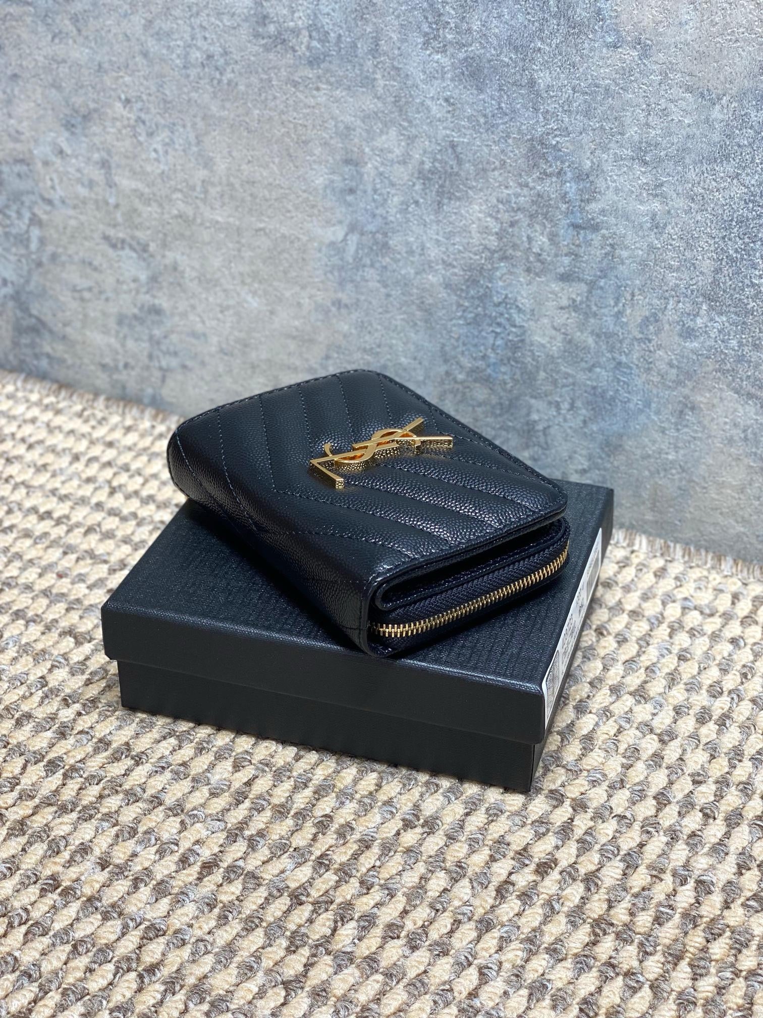 Saint Laurent Cassandre Matelassé Compact Zip Around Wallet In Grain De Poudre Leather