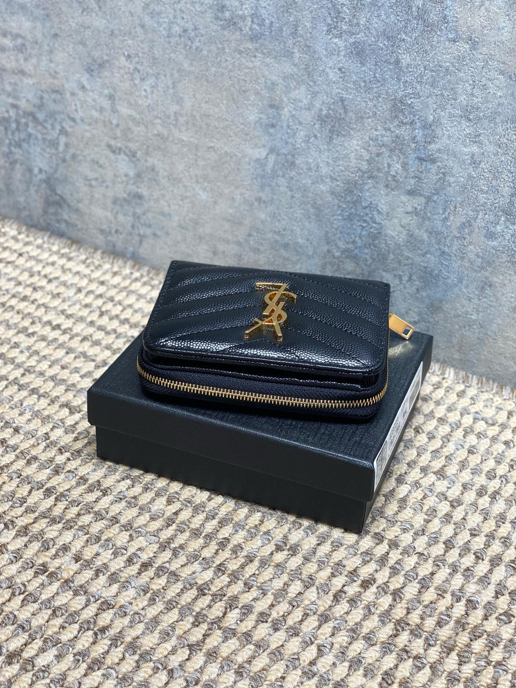 Saint Laurent Cassandre Matelassé Compact Zip Around Wallet In Grain De Poudre Leather