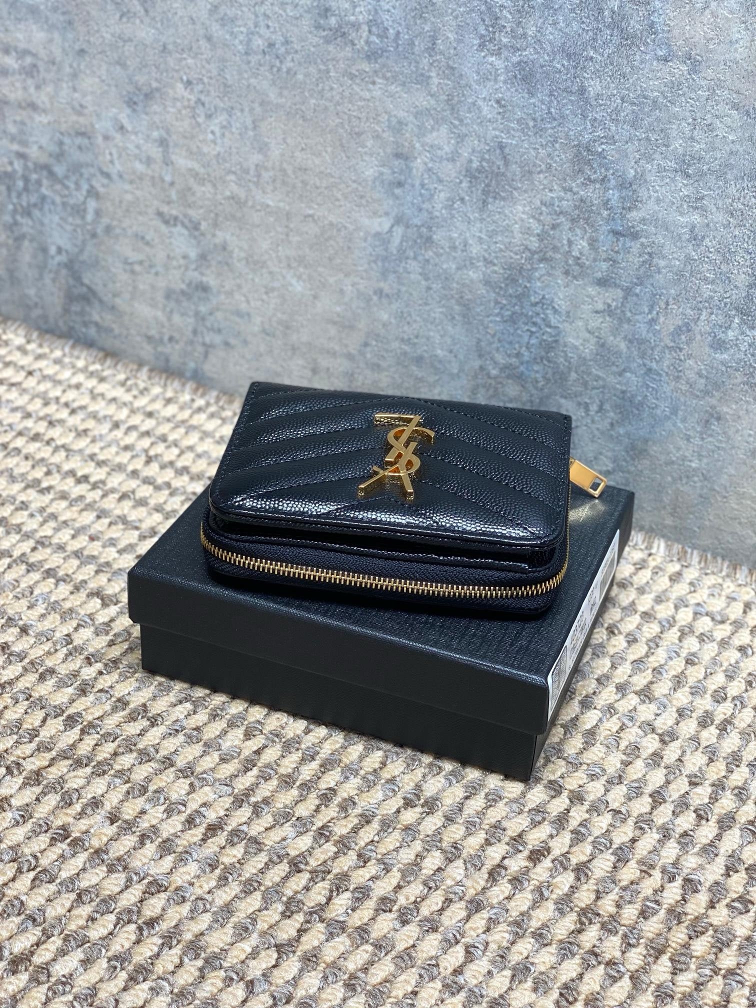 Saint Laurent Cassandre Matelassé Compact Zip Around Wallet In Grain De Poudre Leather
