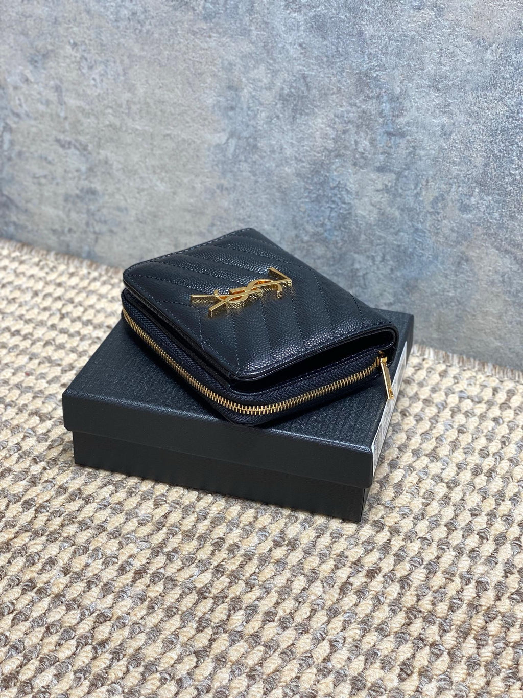 Saint Laurent Cassandre Matelassé Compact Zip Around Wallet In Grain De Poudre Leather