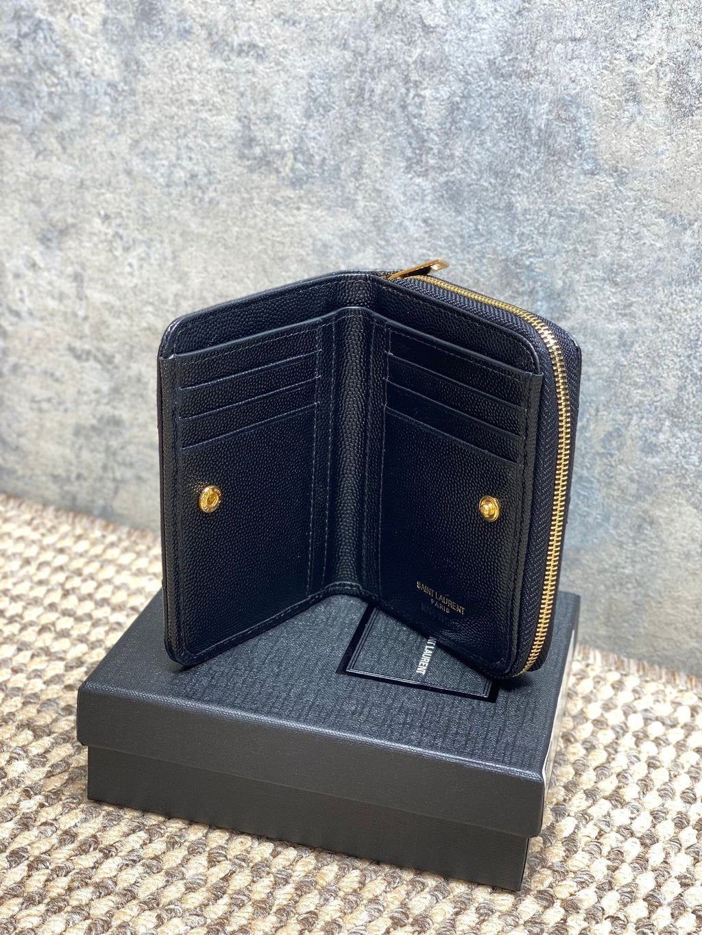 Saint Laurent Cassandre Matelassé Compact Zip Around Wallet In Grain De Poudre Leather