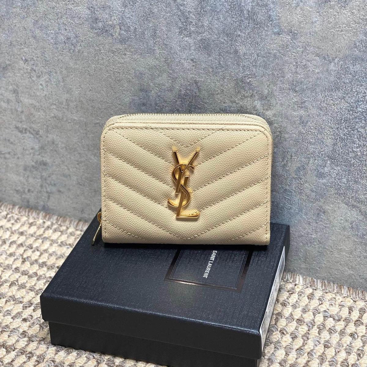Saint Laurent Cassandre Matelassé Compact Zip Around Wallet In Grain De Poudre Leather
