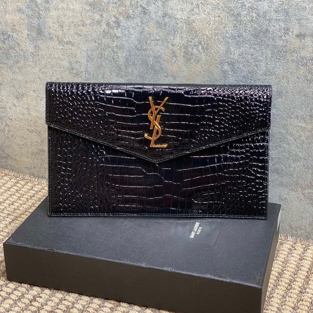 Saint Laurent Uptown Pouch in Crocodile-Embossed Shiny Leather