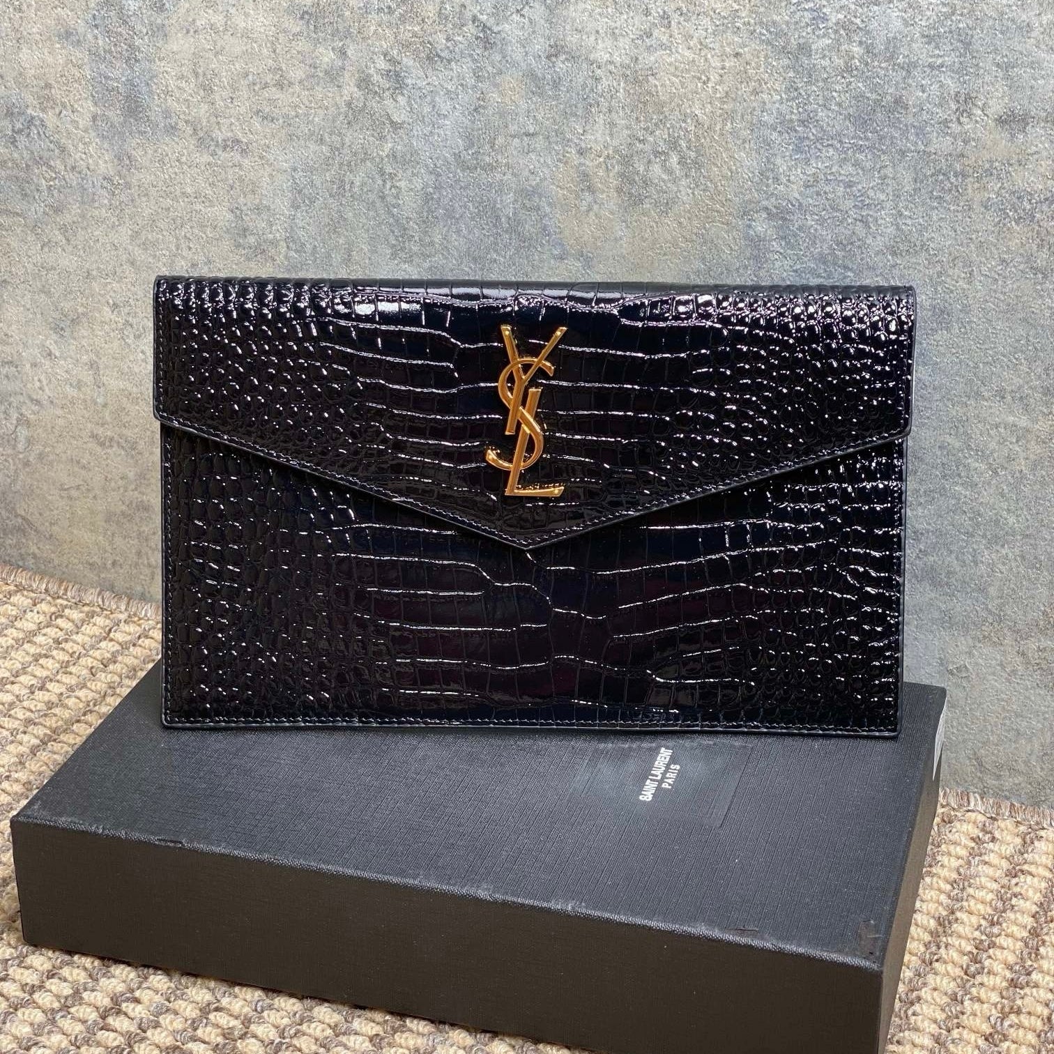 Saint Laurent Uptown Pouch in Crocodile-Embossed Shiny Leather