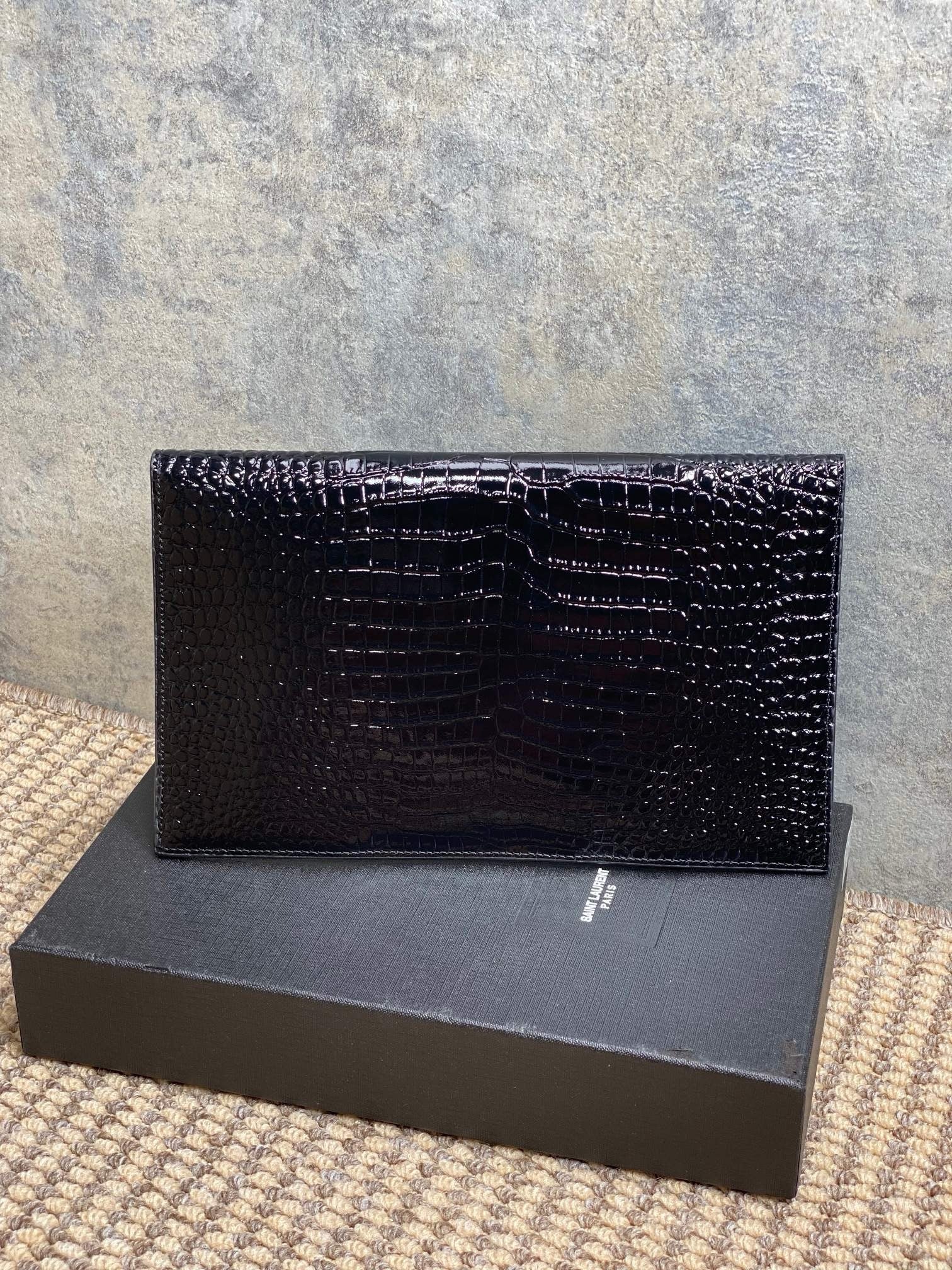 Saint Laurent Uptown Pouch in Crocodile-Embossed Shiny Leather