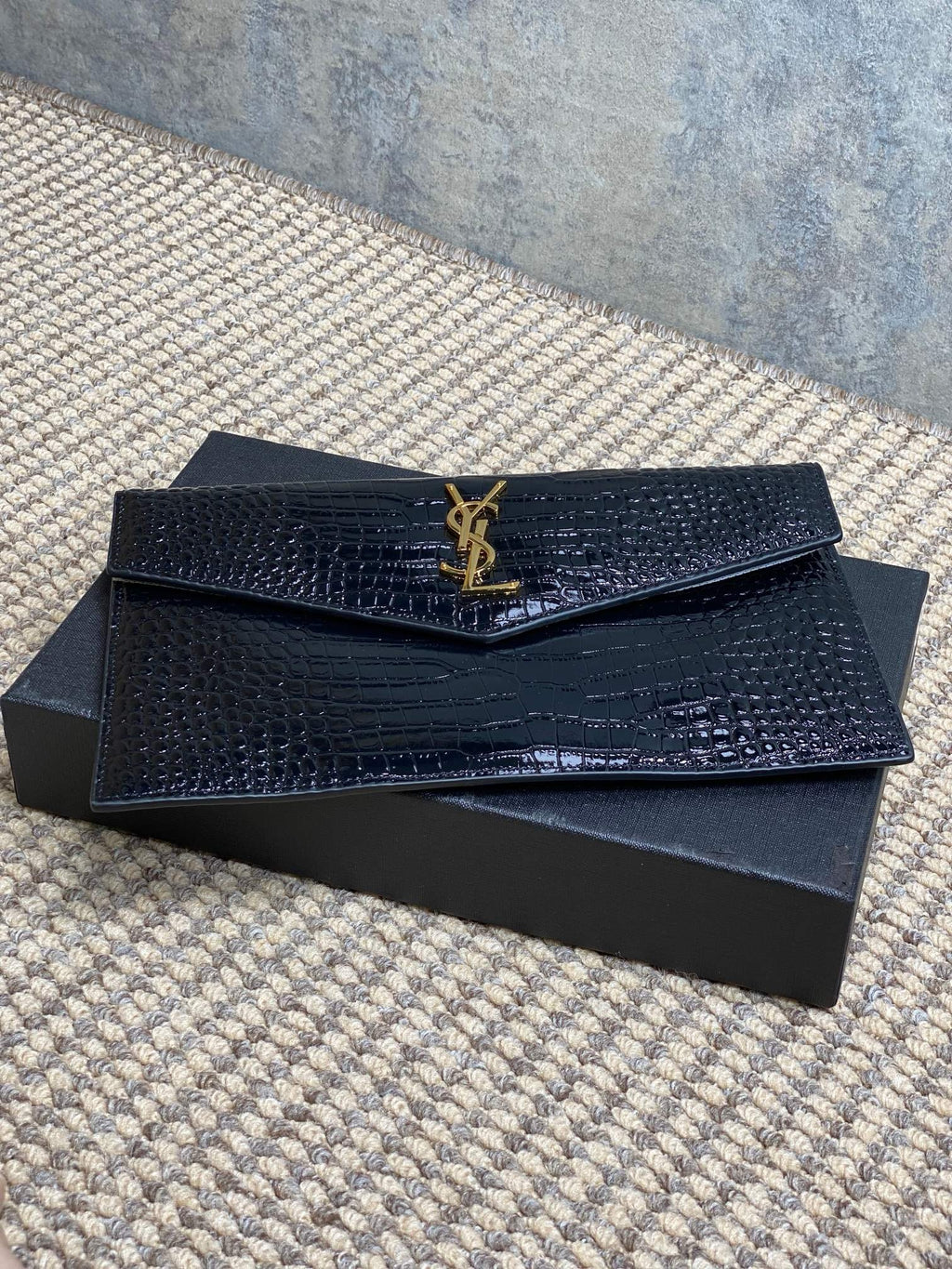 Saint Laurent Uptown Pouch in Crocodile-Embossed Shiny Leather