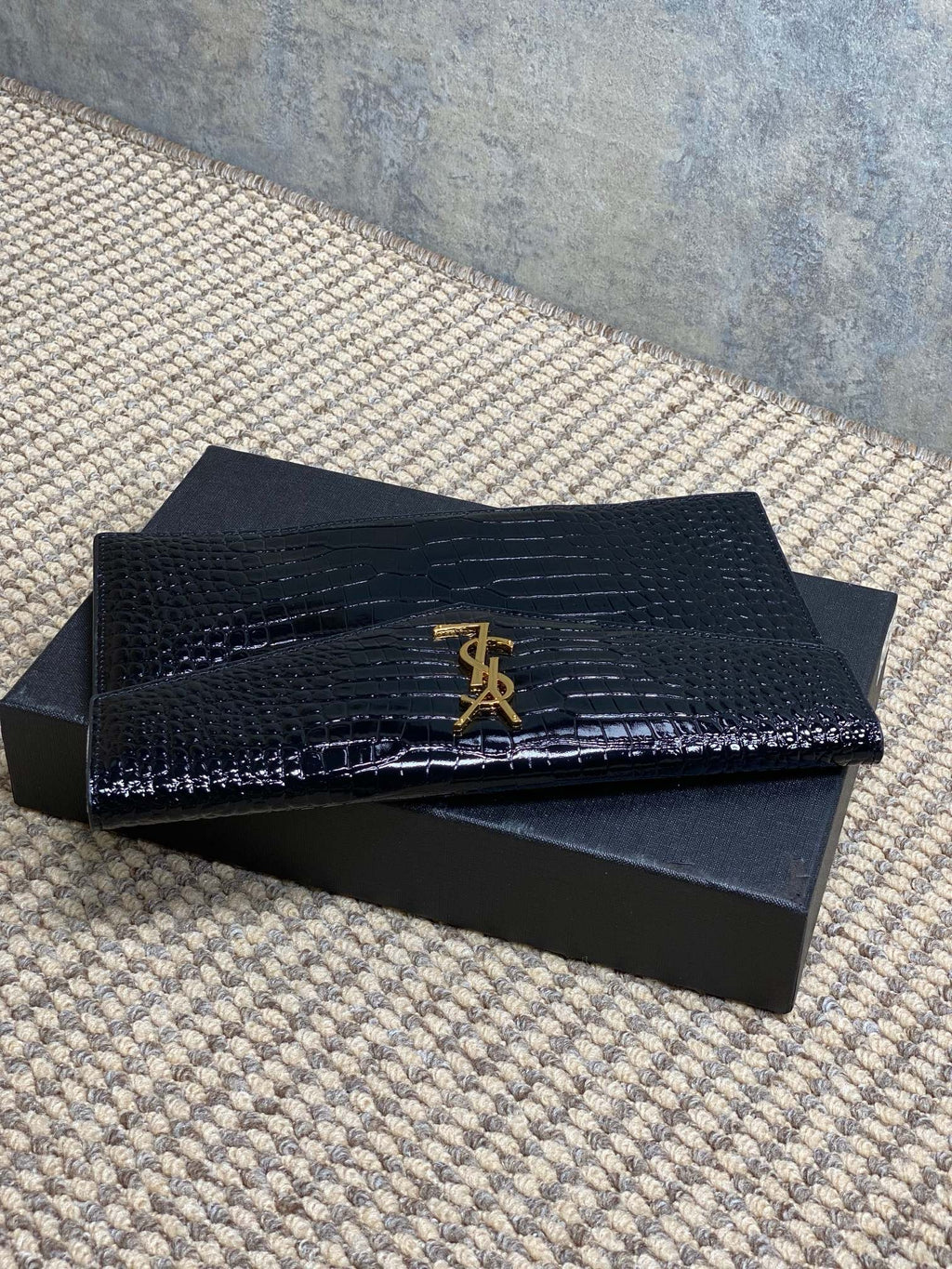 Saint Laurent Uptown Pouch in Crocodile-Embossed Shiny Leather