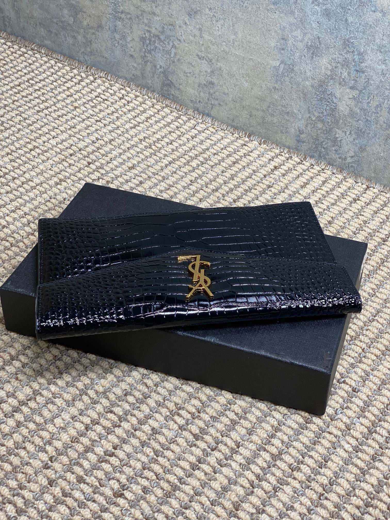 Saint Laurent Uptown Pouch in Crocodile-Embossed Shiny Leather