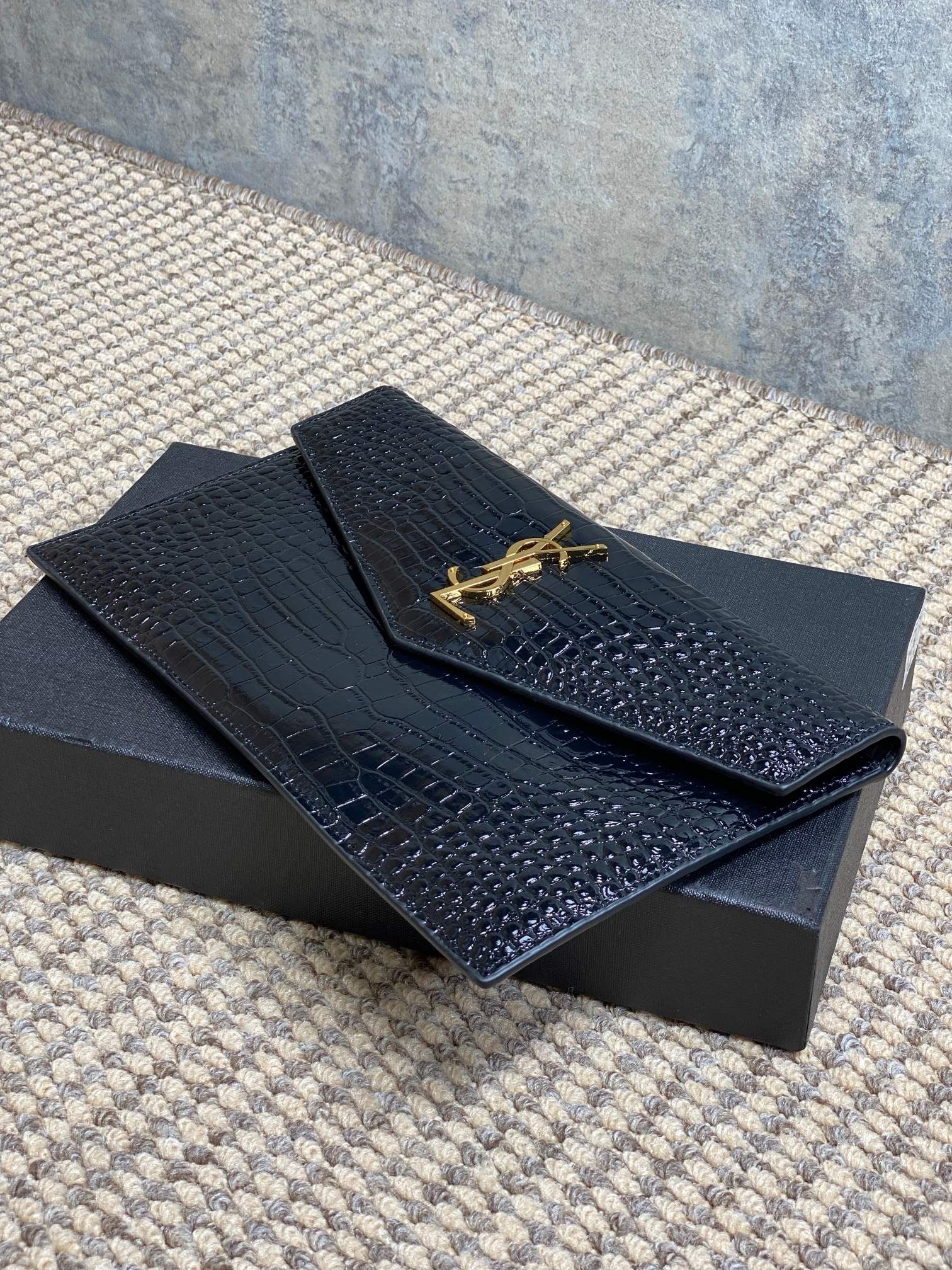 Saint Laurent Uptown Pouch in Crocodile-Embossed Shiny Leather