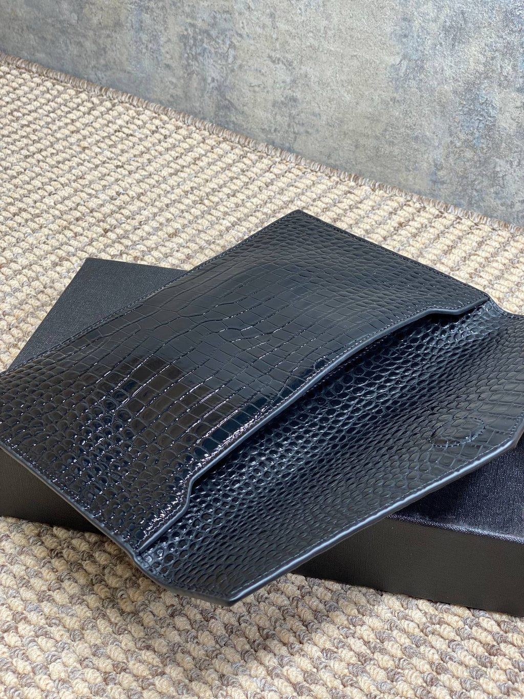 Saint Laurent Uptown Pouch in Crocodile-Embossed Shiny Leather