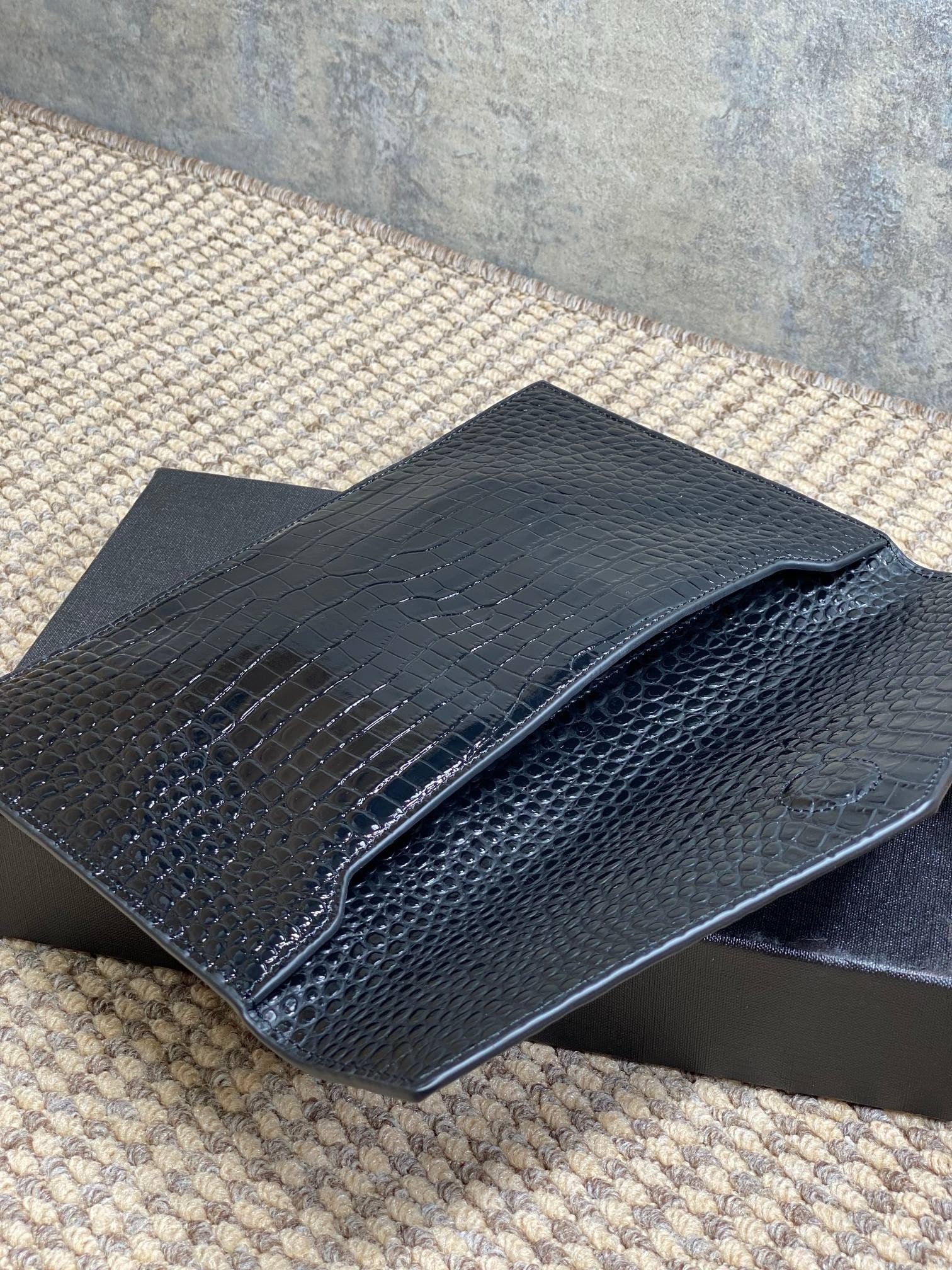 Saint Laurent Uptown Pouch in Crocodile-Embossed Shiny Leather