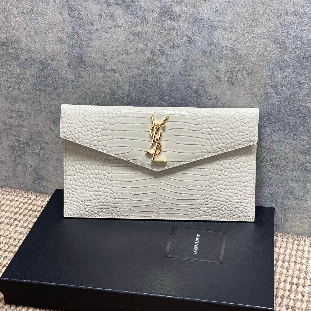 Saint Laurent Uptown Pouch in Crocodile-Embossed Shiny Leather