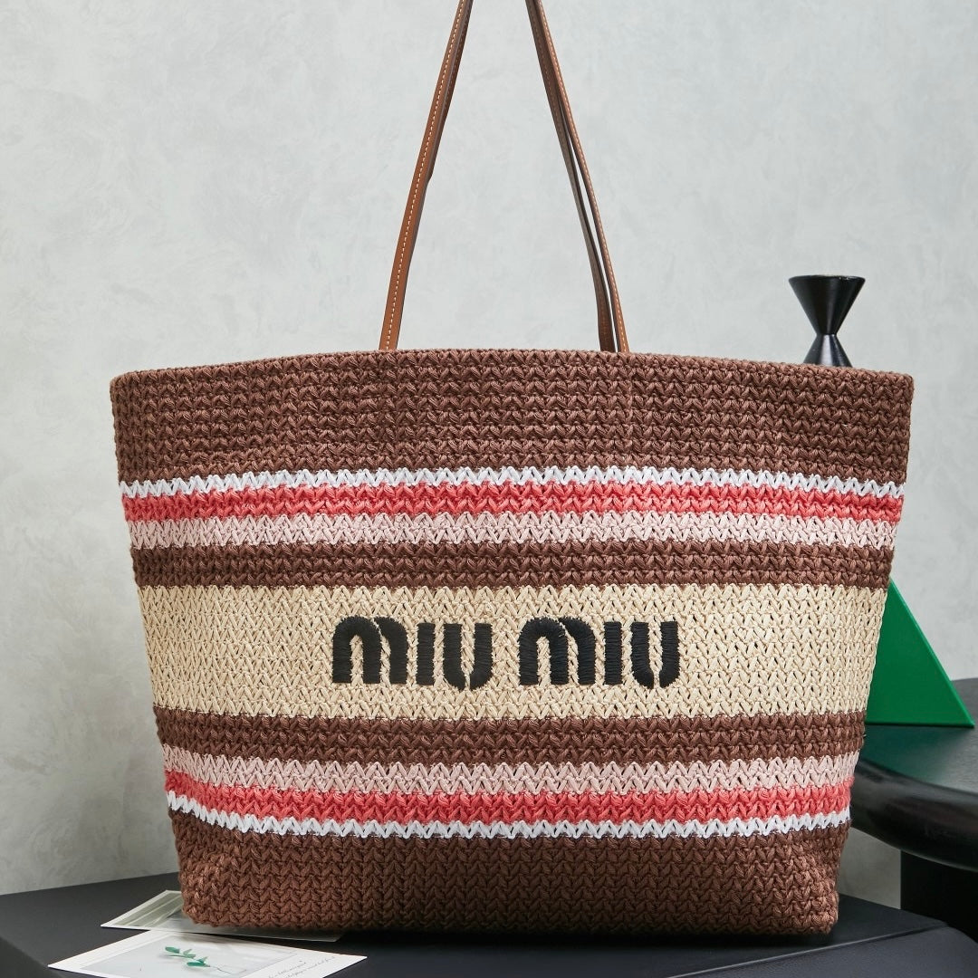 Miu Miu Raffia-Effect Woven Tote Bag 5BG228