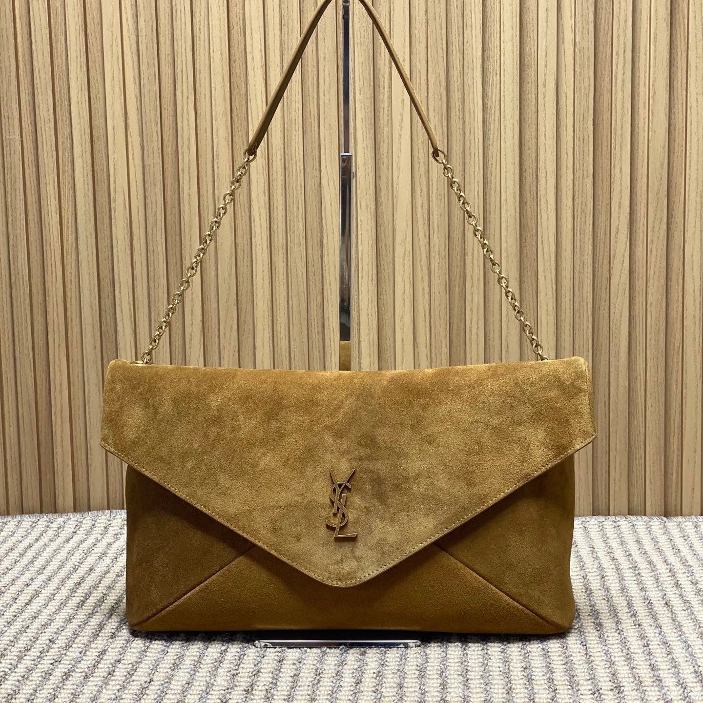 Saint Laurent Cassandre Large Pouch On Chain In Suede
