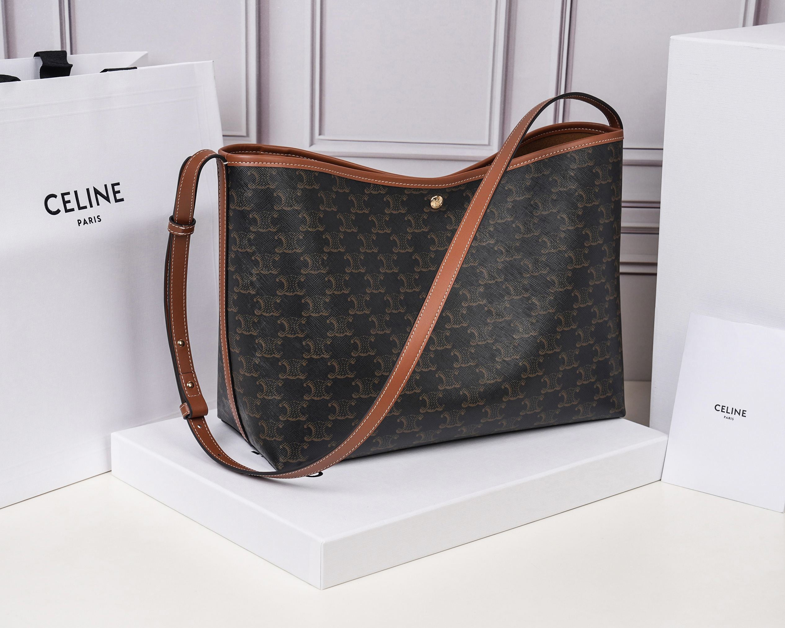 Celine Soft Shopper Bag In Triomphe Canvas And Calfskin