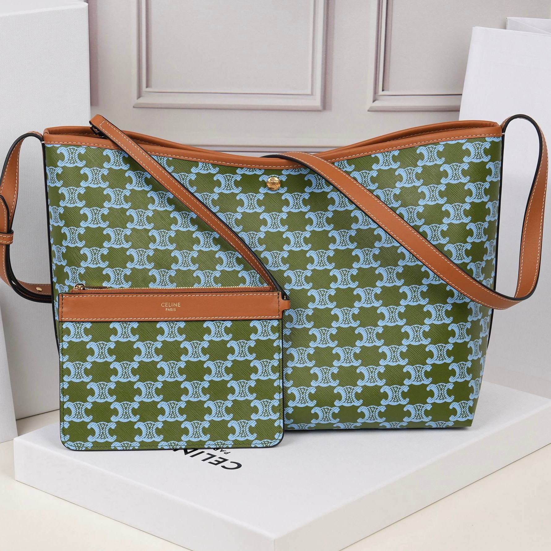 Celine Soft Shopper Bag In Triomphe Canvas And Calfskin