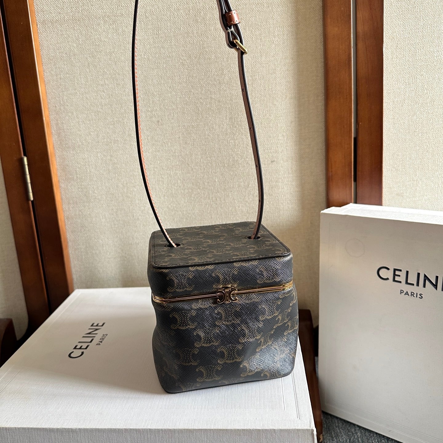 Celine Cube Frame In Triomphe Canvas And Natural Calfskin