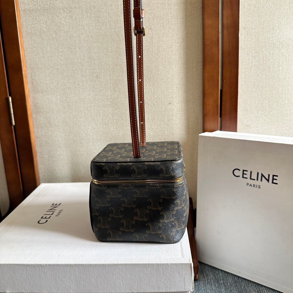 Celine Cube Frame In Triomphe Canvas And Natural Calfskin