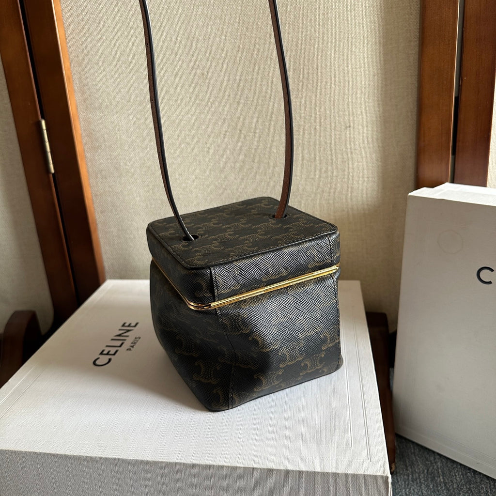 Celine Cube Frame In Triomphe Canvas And Natural Calfskin