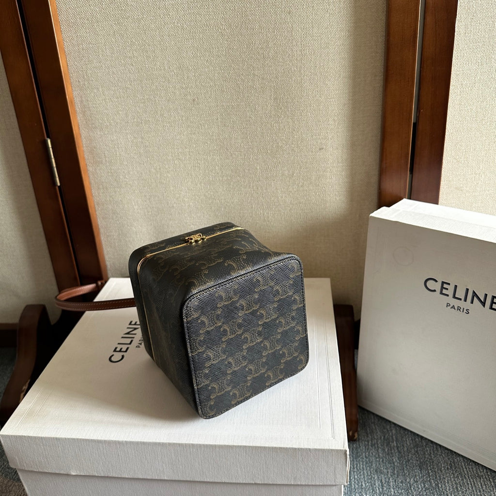 Celine Cube Frame In Triomphe Canvas And Natural Calfskin