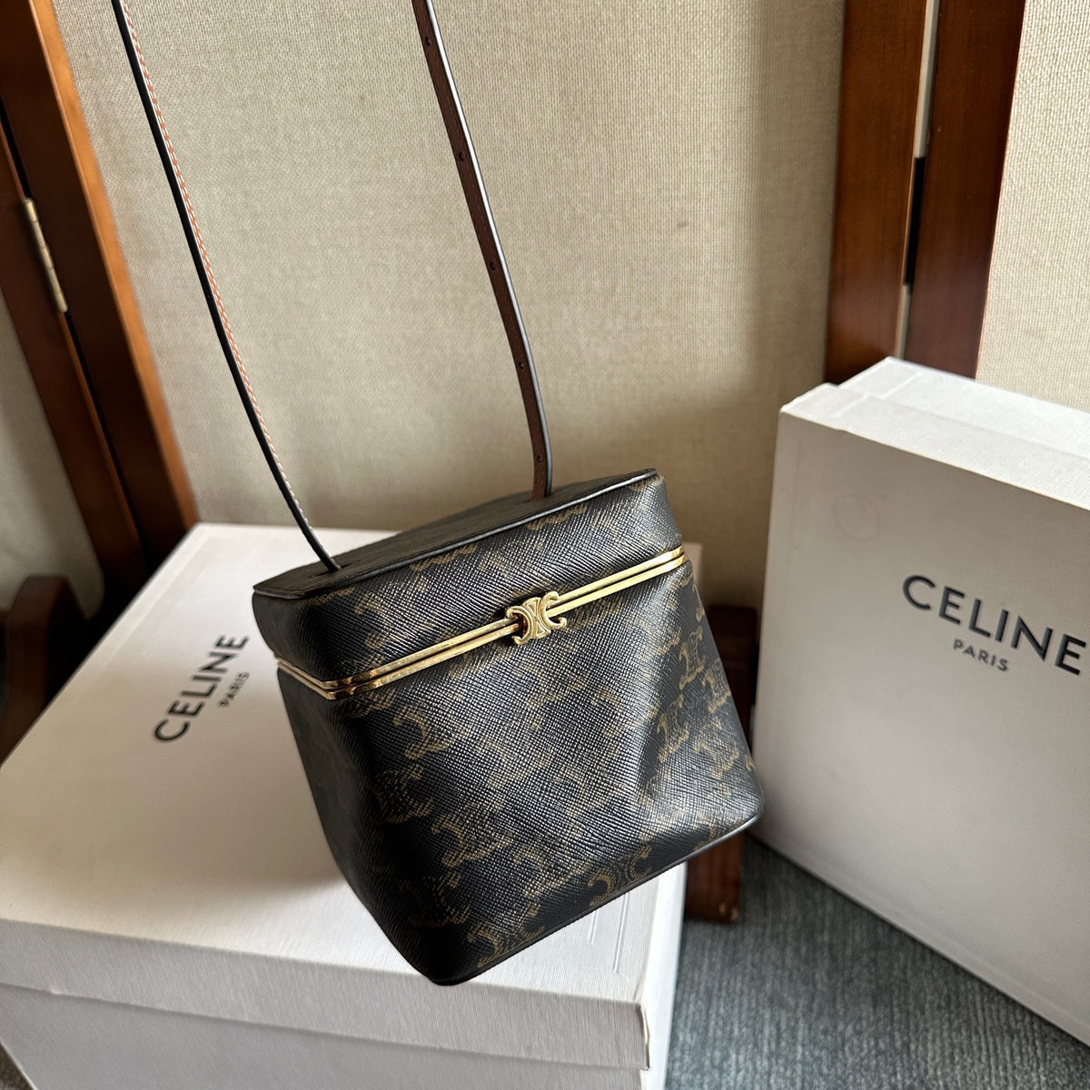 Celine Cube Frame In Triomphe Canvas And Natural Calfskin