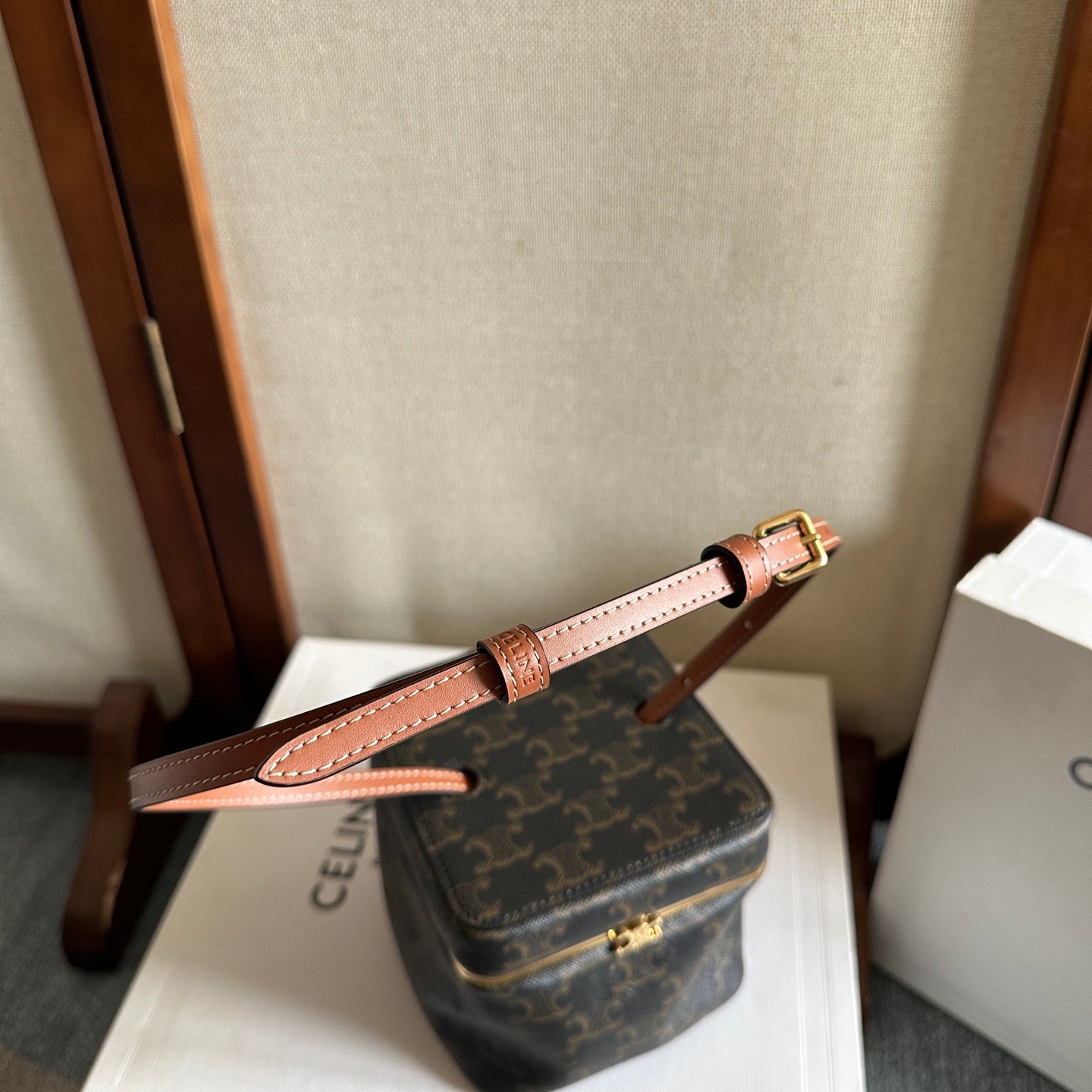 Celine Cube Frame In Triomphe Canvas And Natural Calfskin