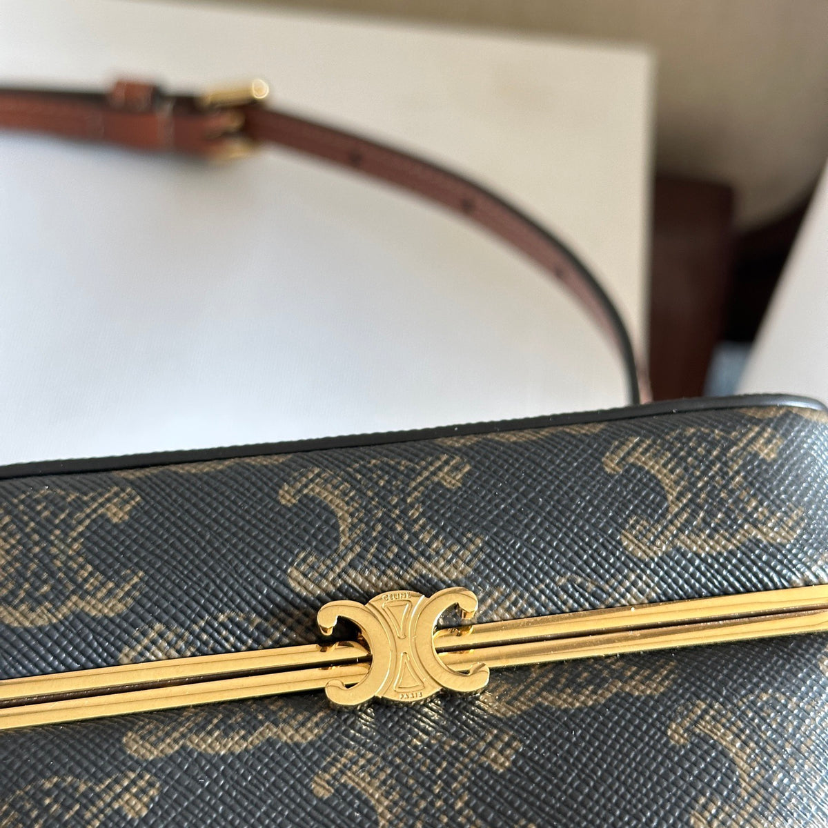 Celine Cube Frame In Triomphe Canvas And Natural Calfskin