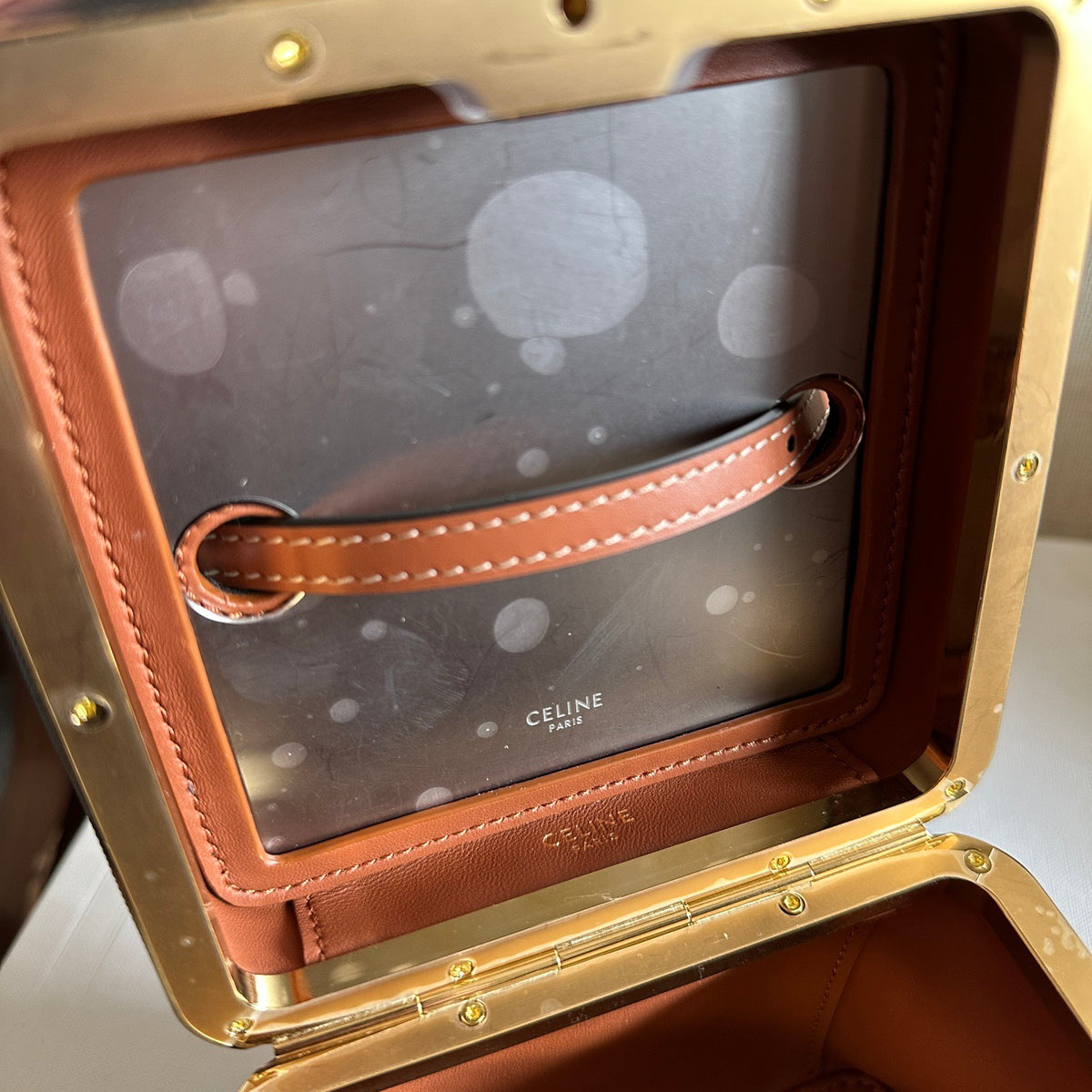 Celine Cube Frame In Triomphe Canvas And Natural Calfskin