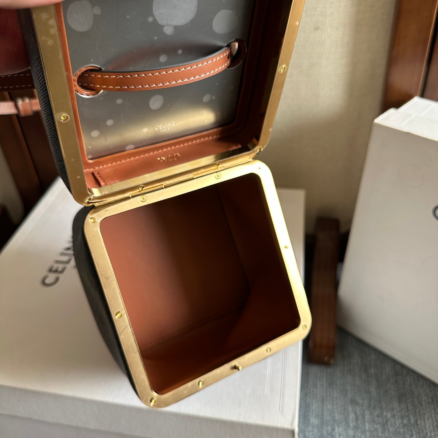 Celine Cube Frame In Triomphe Canvas And Natural Calfskin