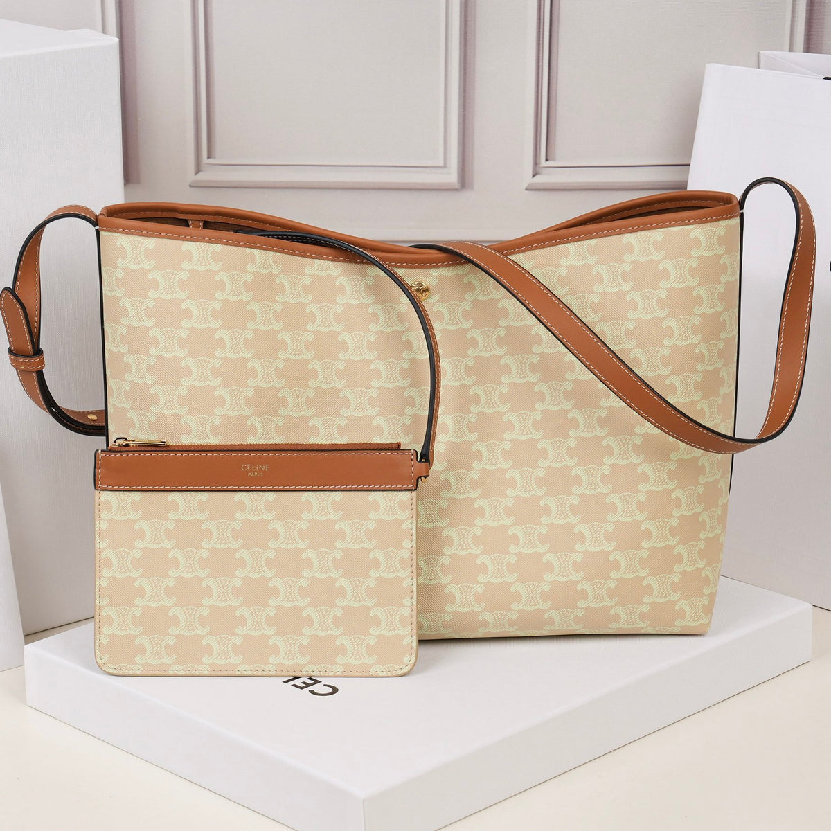 Celine Soft Shopper Bag In Triomphe Canvas And Calfskin
