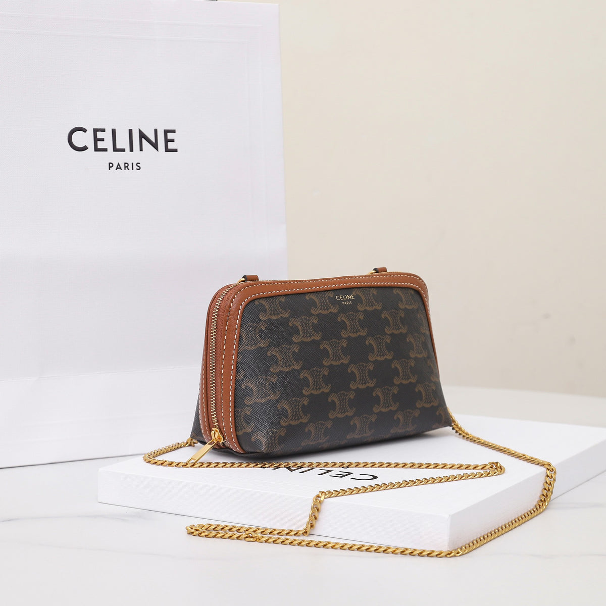 Celine Clutch On Chain In Triomphe Canvas And Lambskin